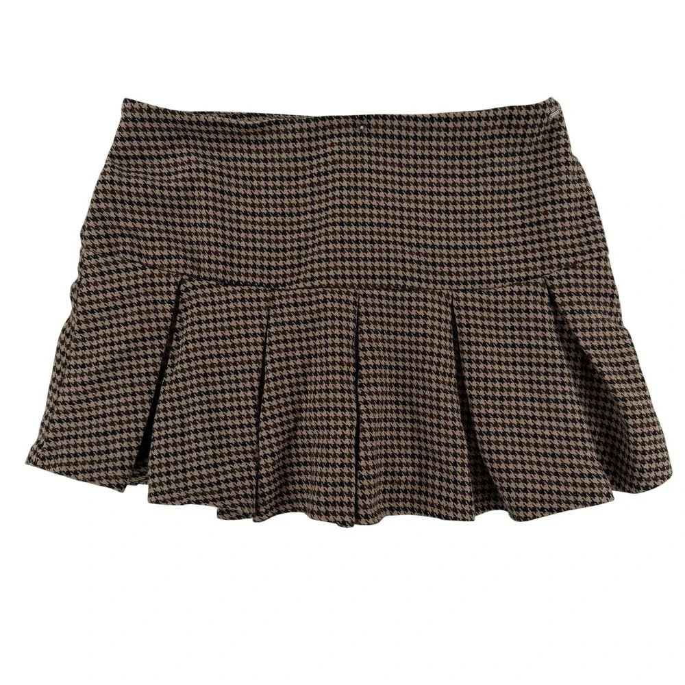 Guess‎ Skirt Womens Large Brown Houndstooth Pleated Mini Knit Lined Zip Stretch